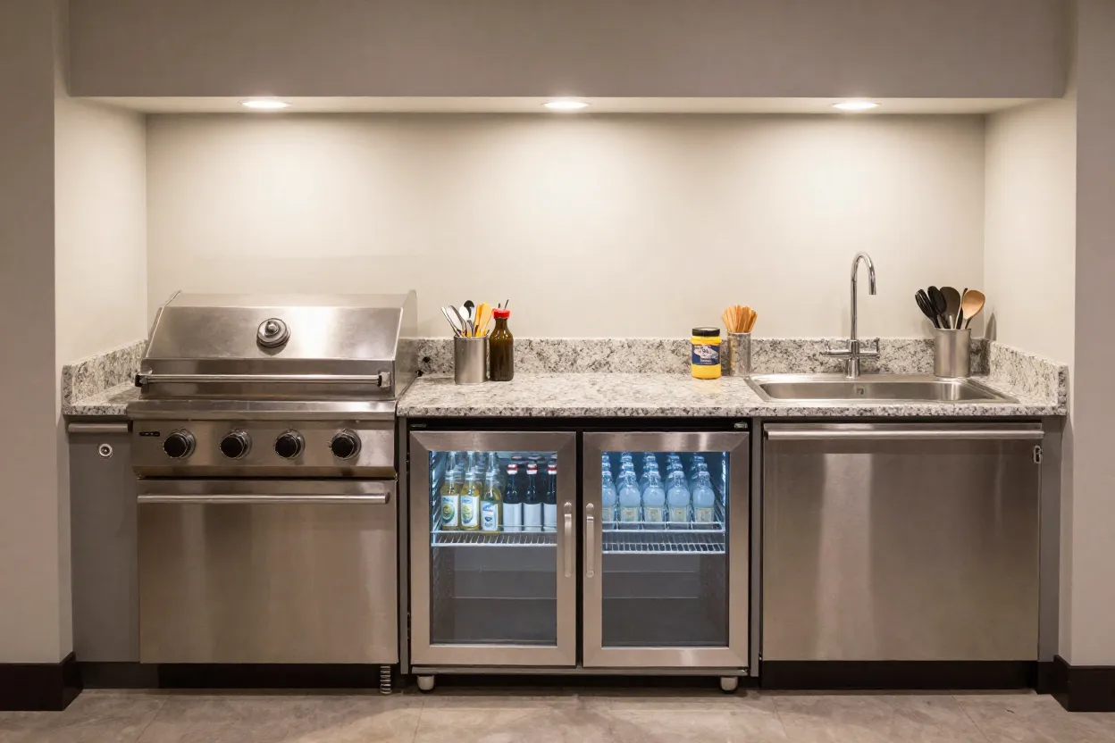 Bancada de espaço gourmet com churrasqueira, pia e frigobar organizados em linha