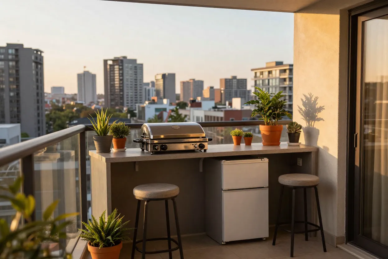 Varanda gourmet de apartamento com churrasqueira elétrica compacta e banquetas