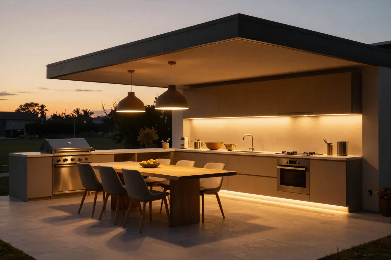 Espaço gourmet noturno com múltiplas camadas de iluminação criando atmosfera aconchegante