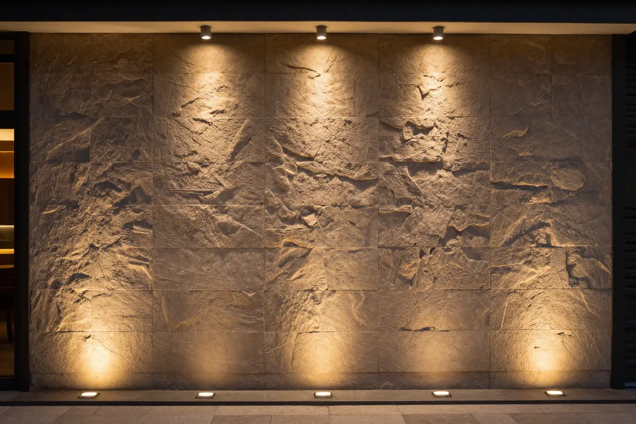 Parede de pedra em área gourmet com iluminação de destaque criando efeito de wall washing