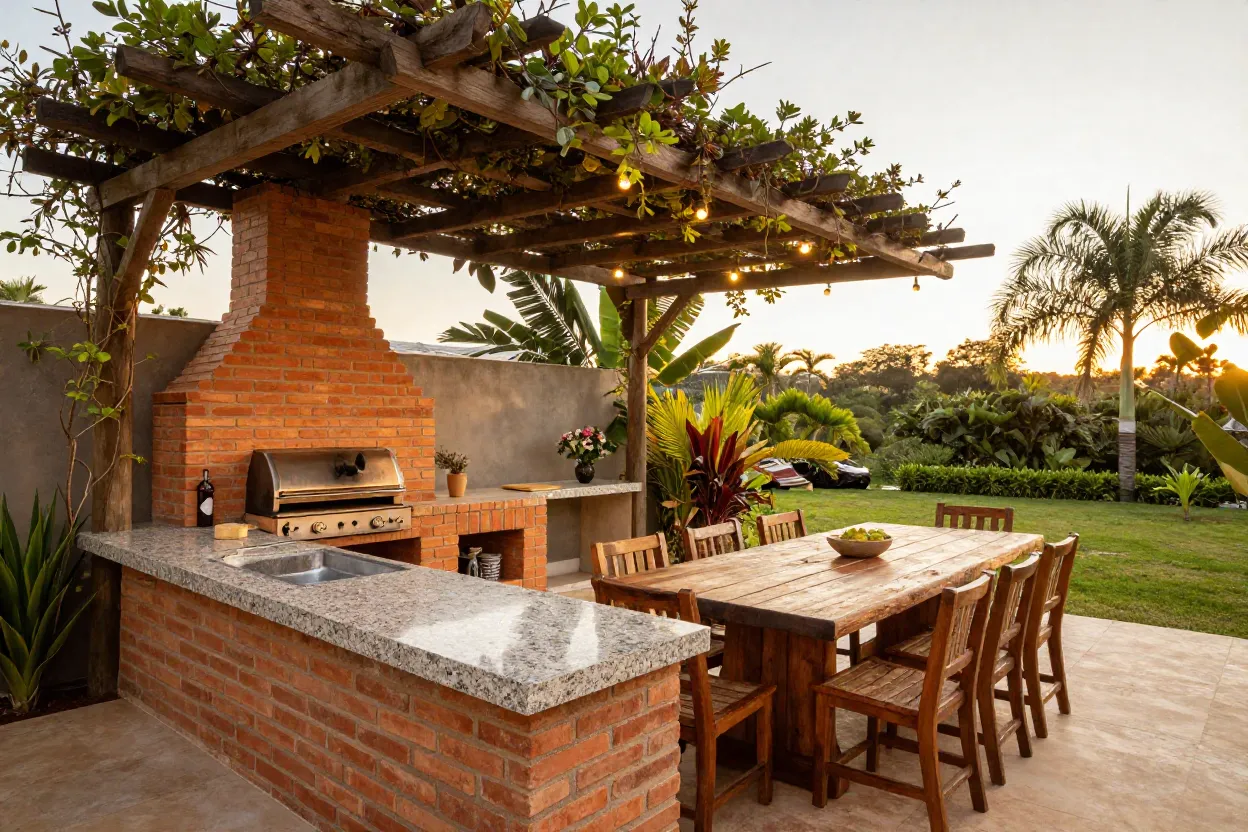 Espaço gourmet externo com churrasqueira de alvenaria e pergolado de madeira