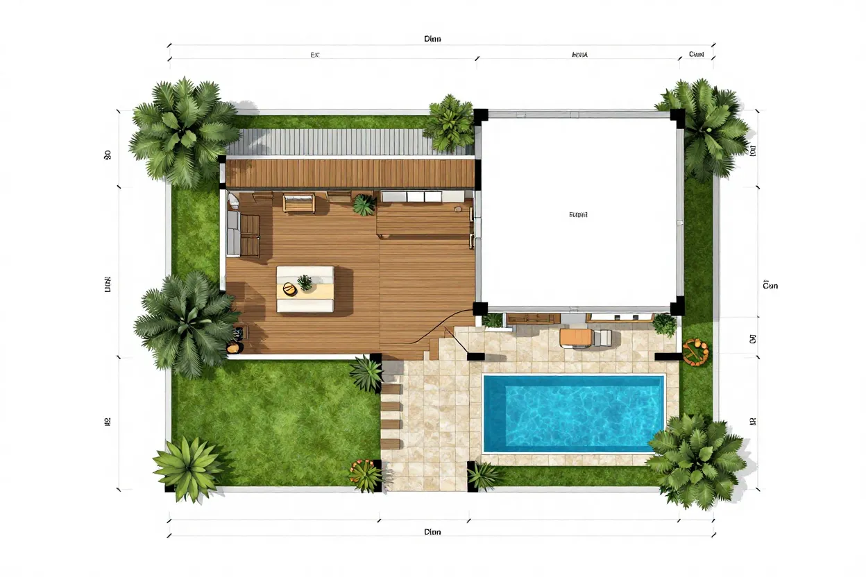 Planta baixa de quintal com posicionamento do espaço gourmet demarcado