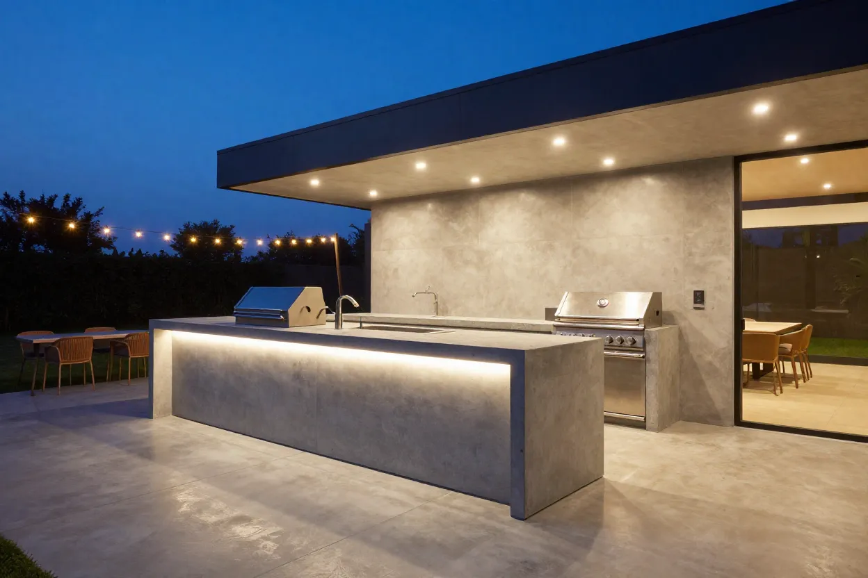 Espaço gourmet moderno com bancada de concreto e iluminação cênica