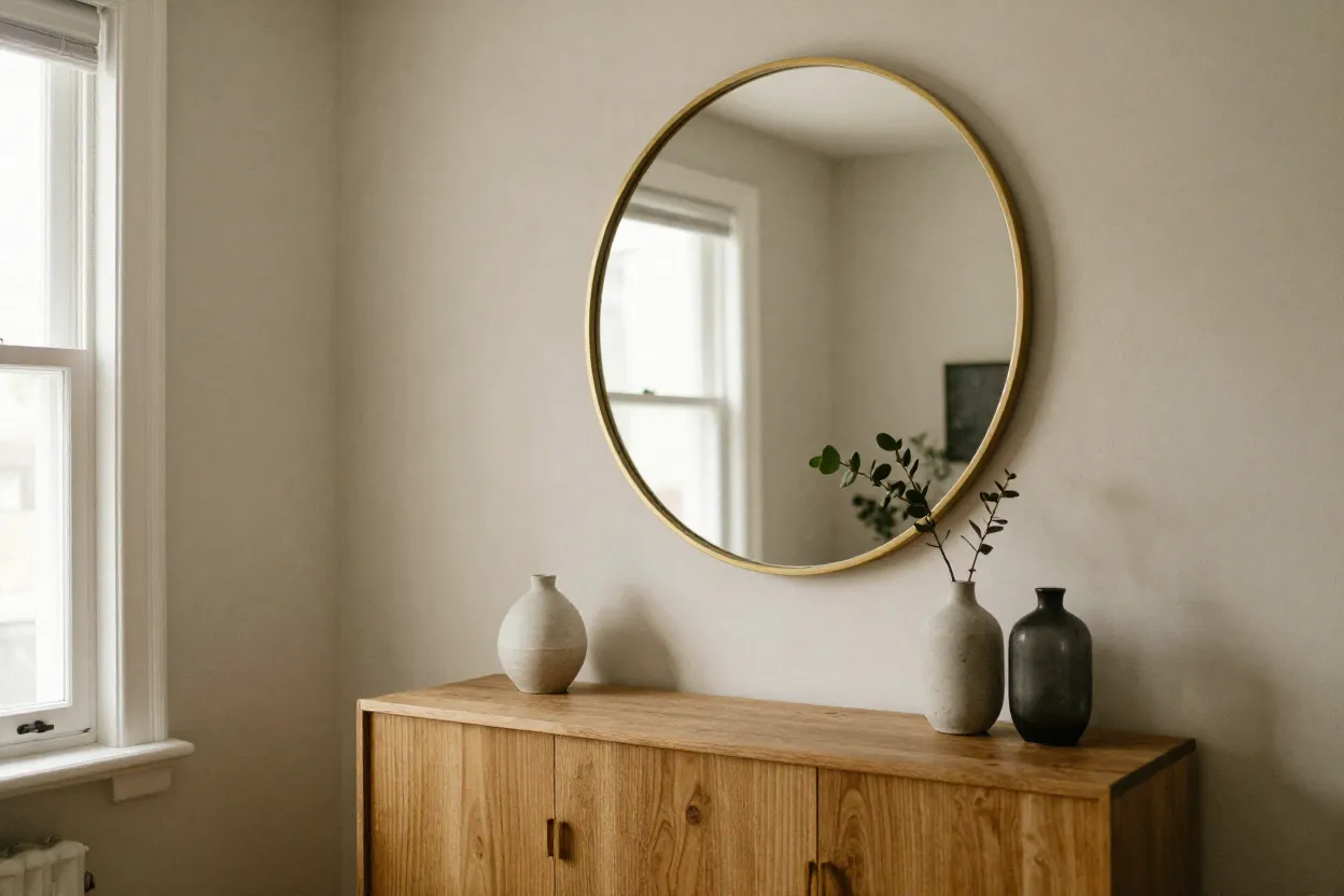 Sala de estar elegante com espelho redondo dourado posicionado acima de aparador de madeira