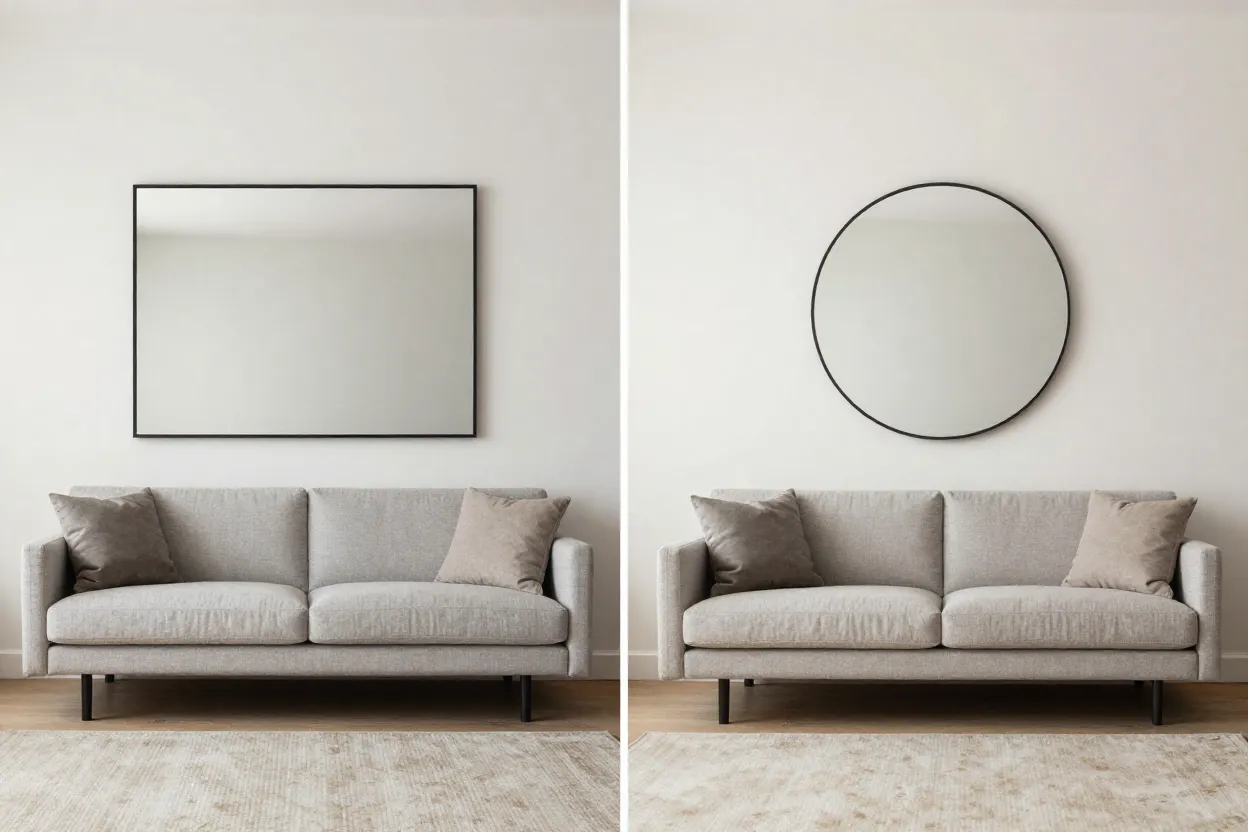 Comparativo visual entre sala com espelho retangular e sala com espelho redondo