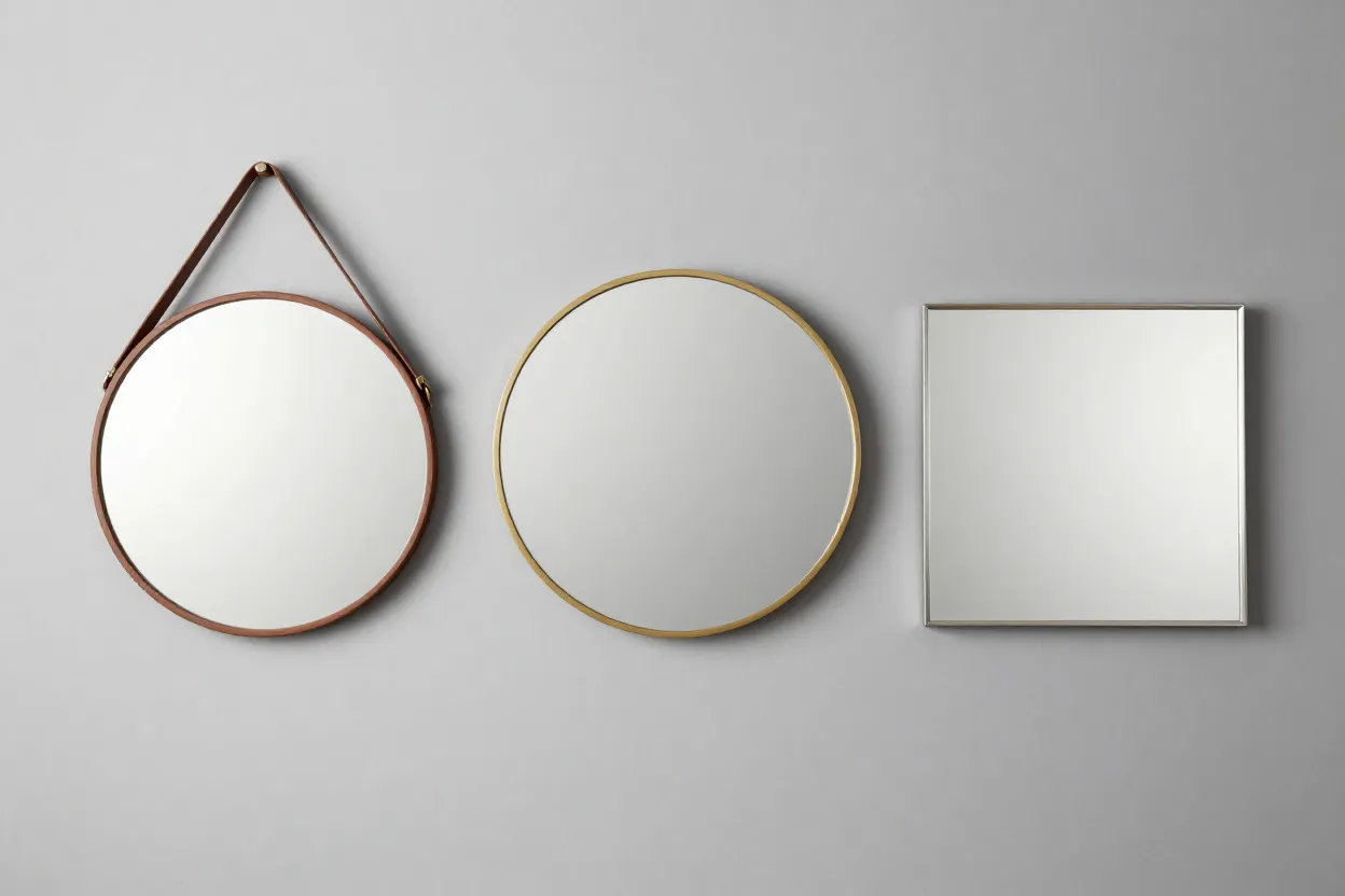 Três espelhos redondos lado a lado mostrando estilos Adnet, moldura dourada e sem moldura