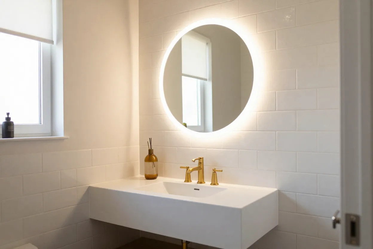 Banheiro moderno com espelho redondo iluminado substituindo modelo tradicional retangular