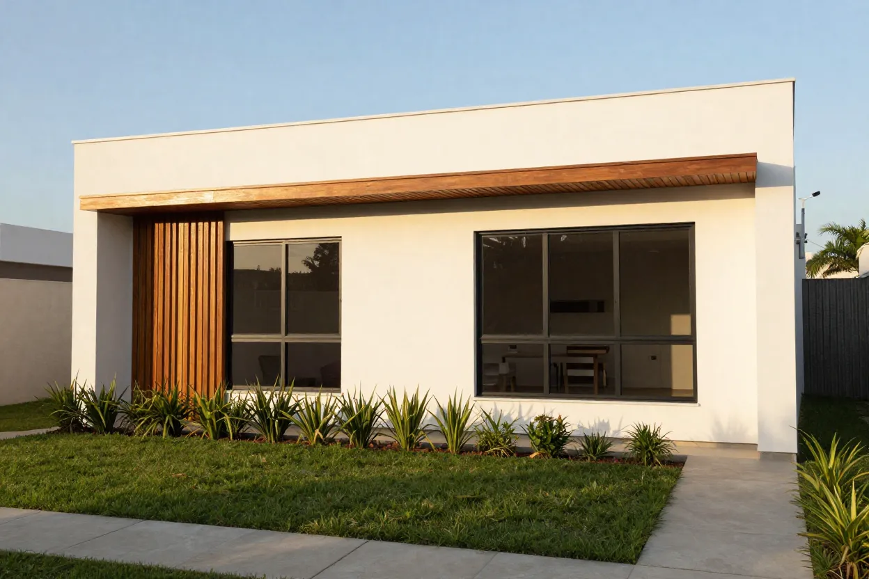 Fachada de casa simples moderna com pintura branca, detalhes em madeira e jardim frontal valorizado