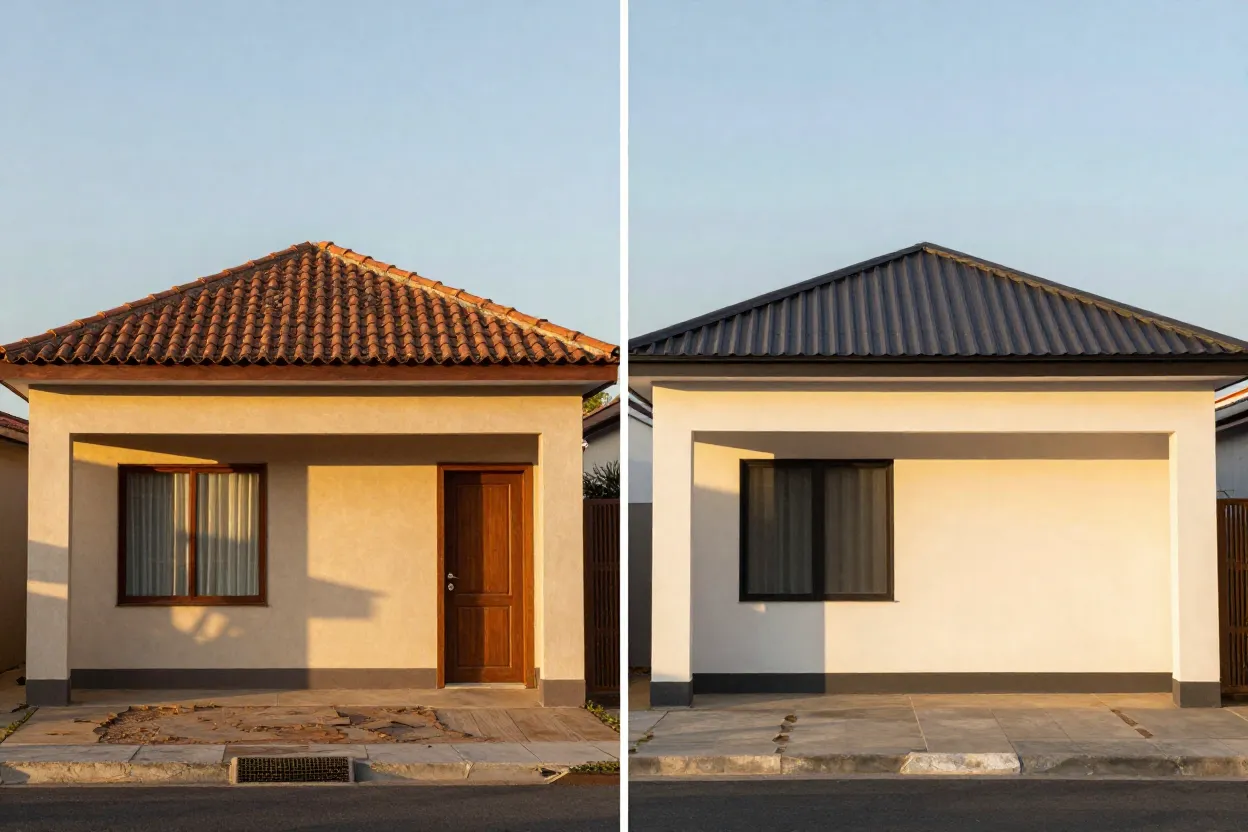 Comparativo de fachada com telhado aparente versus fachada com platibanda moderna