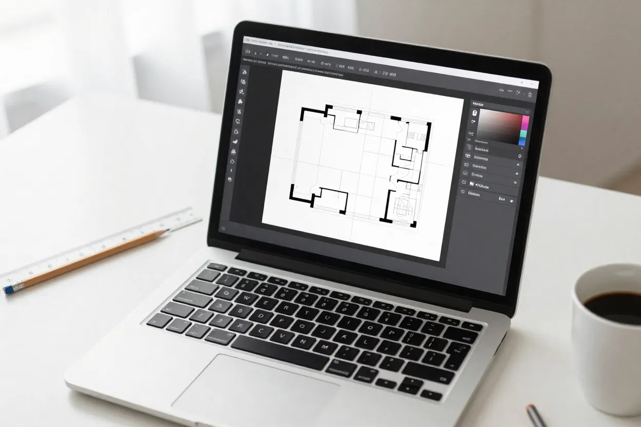 Tela de laptop mostrando interface de software de planta baixa com grade de ferramentas ao redor