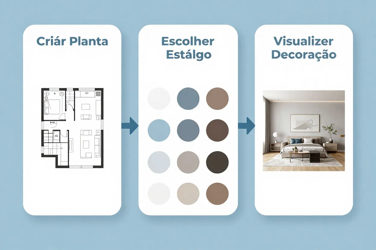 Fluxo visual mostrando etapas de criação de planta, escolha de estilo e render final