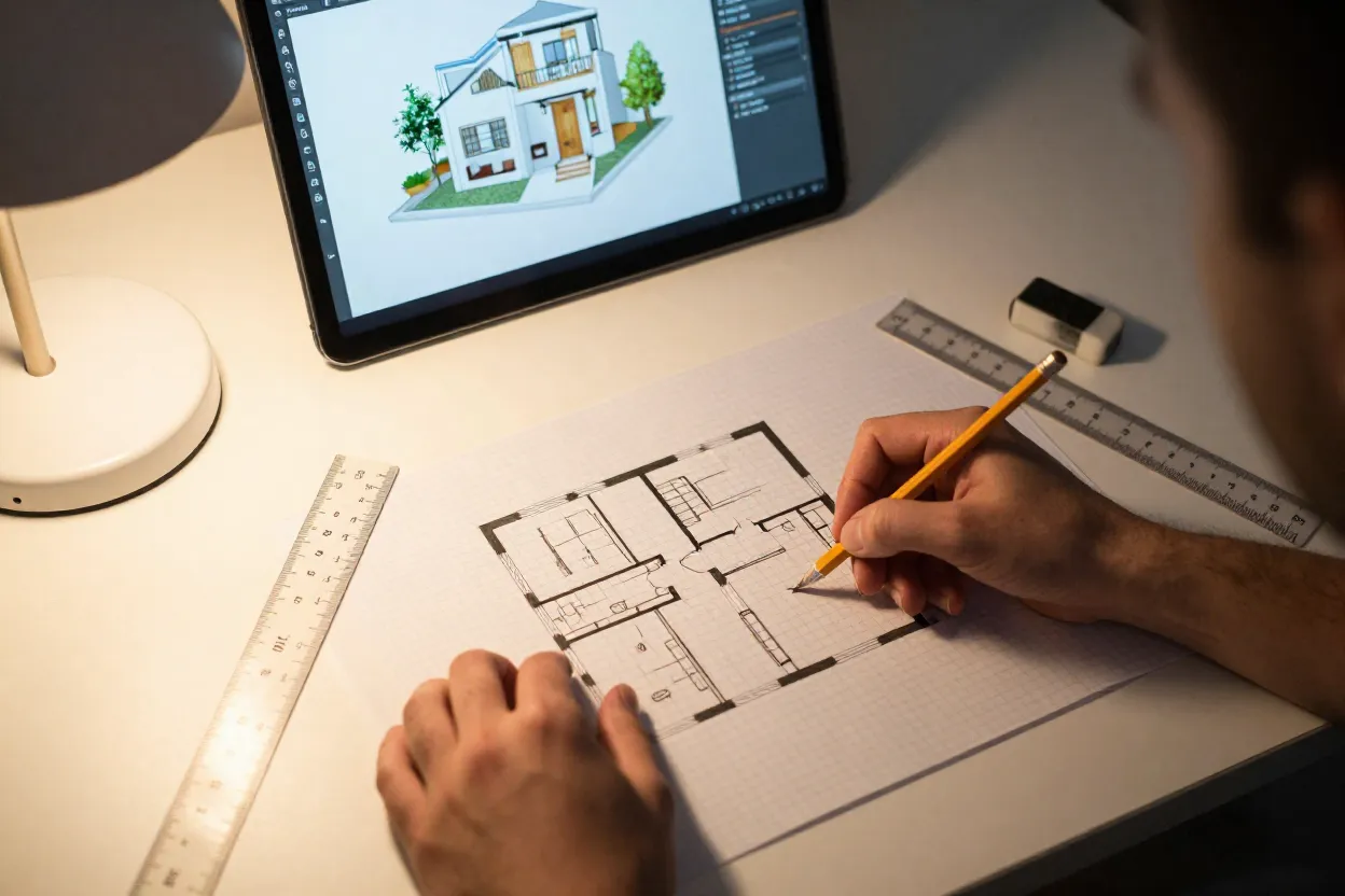 Mãos desenhando planta baixa em papel quadriculado com lápis e régua ao lado de laptop