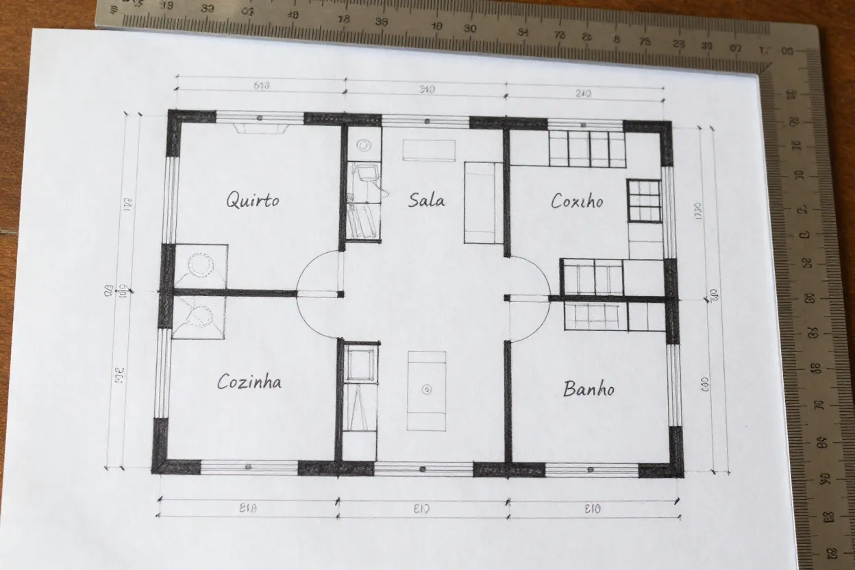 Rascunho de planta baixa em papel quadriculado com medidas anotadas