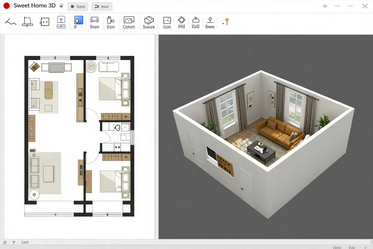 Tela do Sweet Home 3D mostrando planta 2D e visualização 3D simultâneas