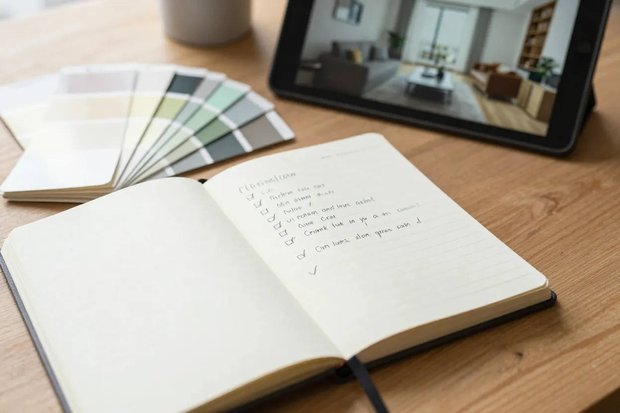 Caderno com checklist de projeto de decoração ao lado de amostras de cores e tablet