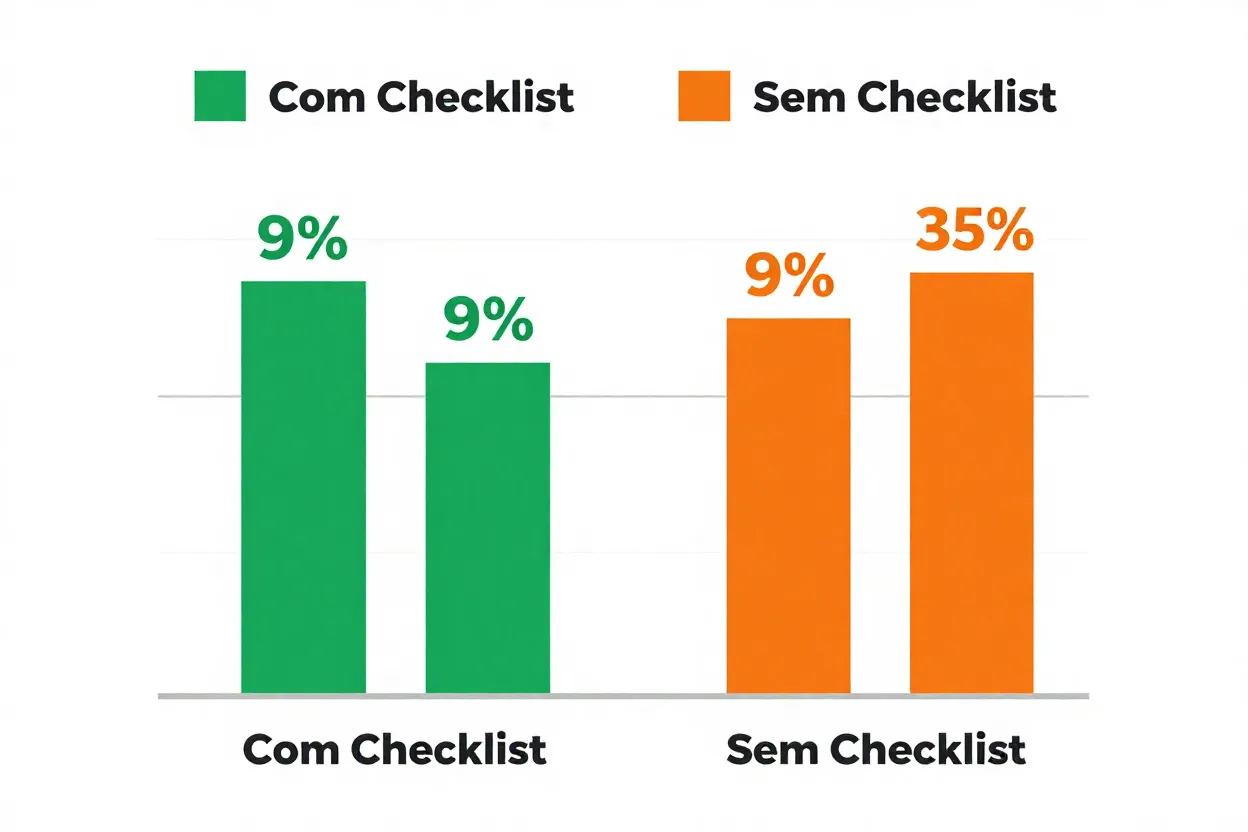 Gráfico comparando orçamento planejado versus gasto real em projetos com e sem checklist