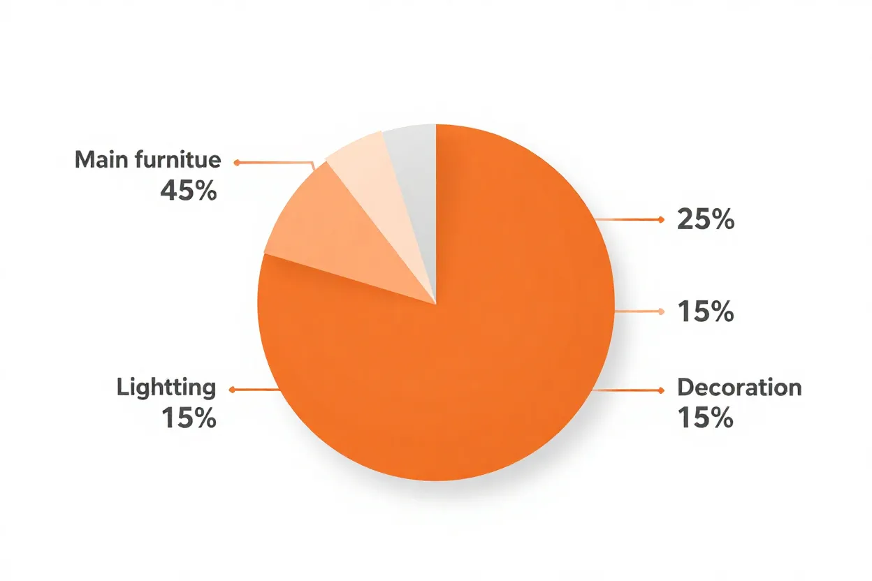 Gráfico de pizza mostrando distribuição recomendada de orçamento de decoração