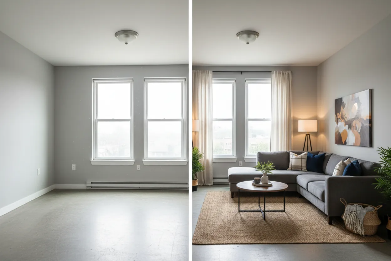 Antes e depois de staging virtual em um apartamento vazio