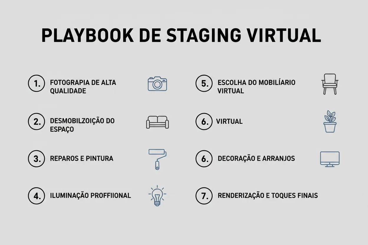 Checklist de staging virtual para anúncio: cômodos, luz e consistência
