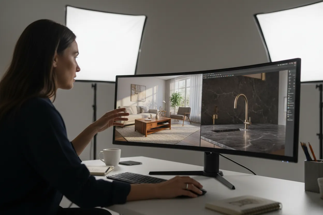 Comparação de render de IA com detalhes de luz e textura em uma tela