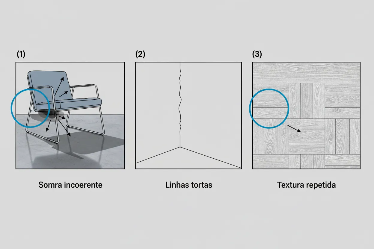 Zoom em detalhes de render mostrando sombra incoerente e textura artificial