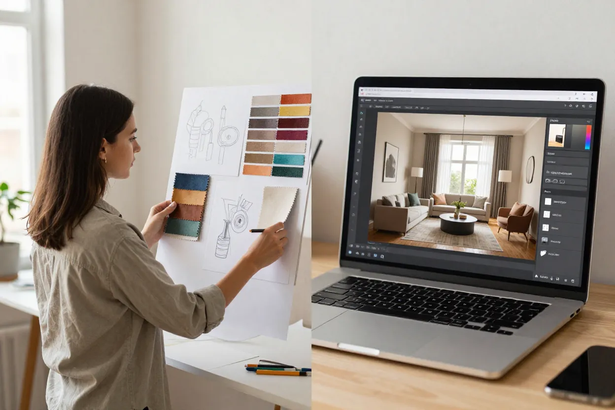 Designer de interiores com prancheta ao lado de tela de computador mostrando IA gerando render