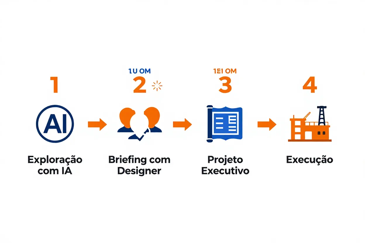 Fluxograma de 4 fases mostrando integração entre IA e designer no projeto de interiores