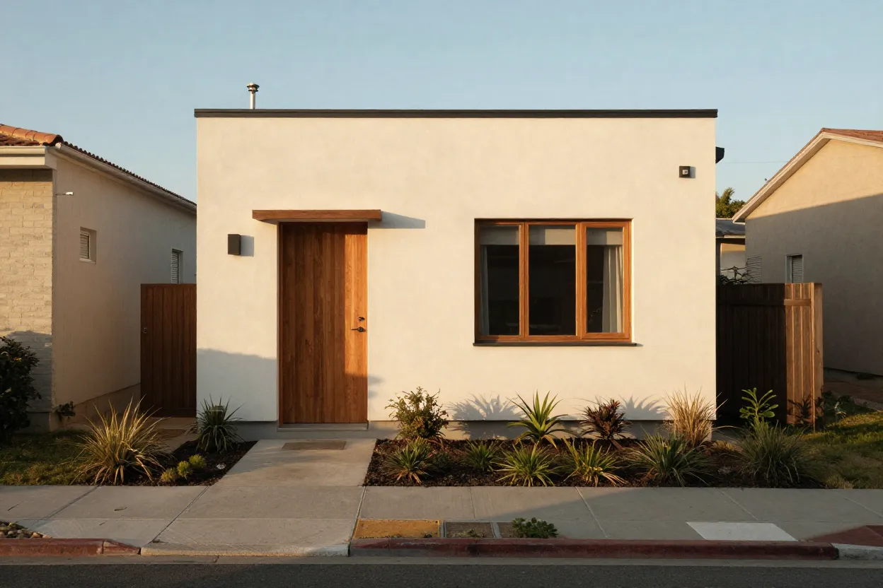 Casa pequena moderna com fachada simples e jardim frontal bem cuidado