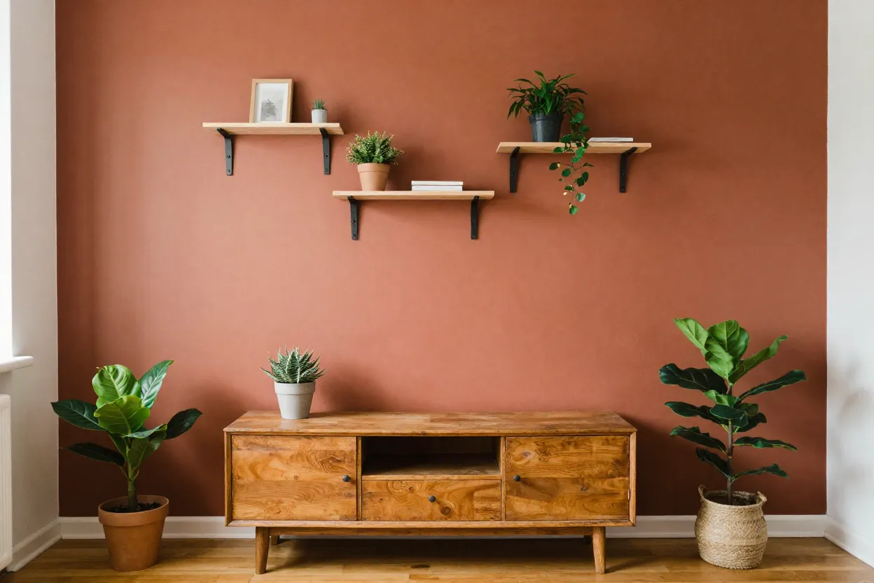 Ambiente pequeno decorado com técnicas econômicas: pintura de destaque, plantas e móveis recuperados