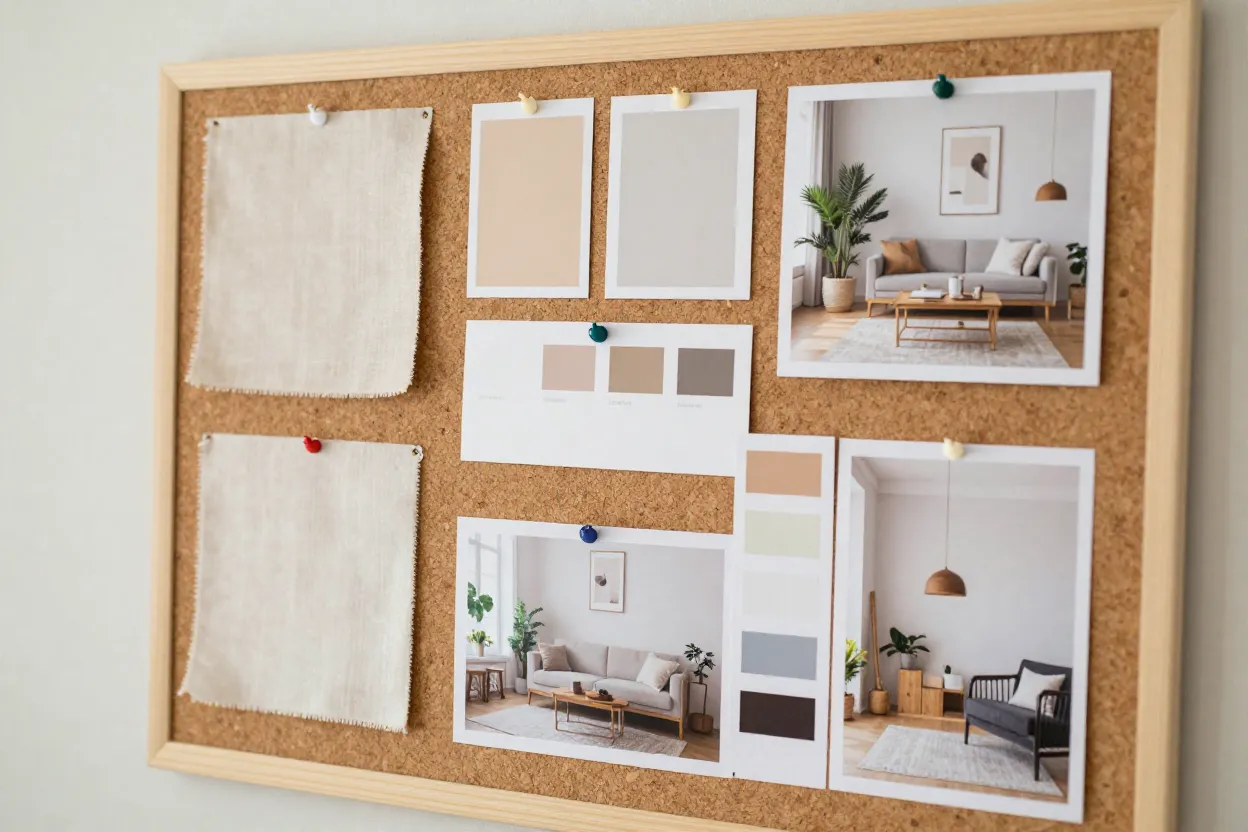 Moodboard físico com amostras de tecido, paleta de cores e fotos de ambientes decorados em diferentes estilos