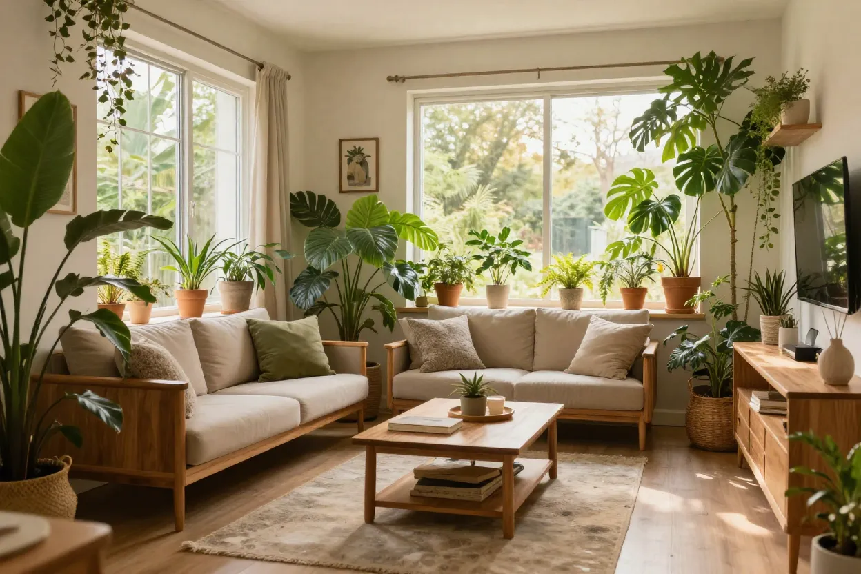 Sala de estar decorada em estilo biofílico com muitas plantas e materiais naturais