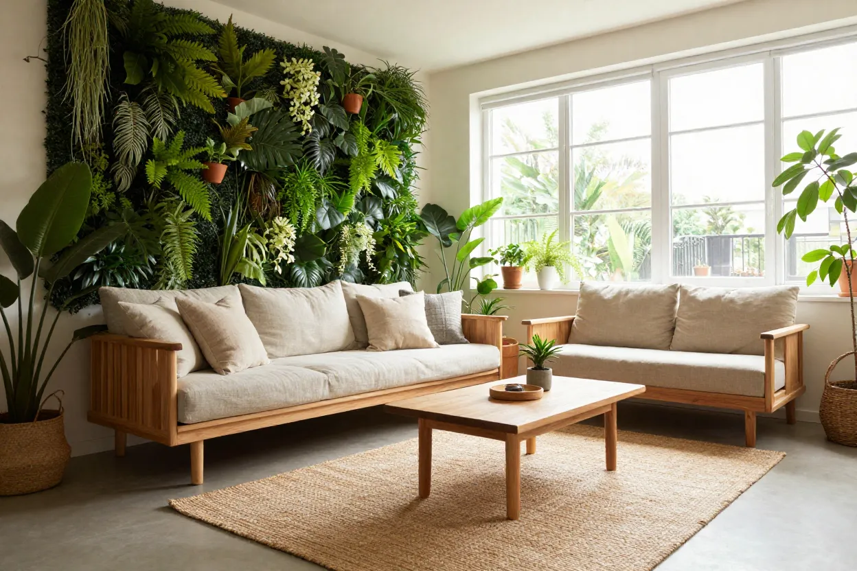 Sala de estar com decoração sustentável incluindo plantas naturais móveis de madeira e luz natural