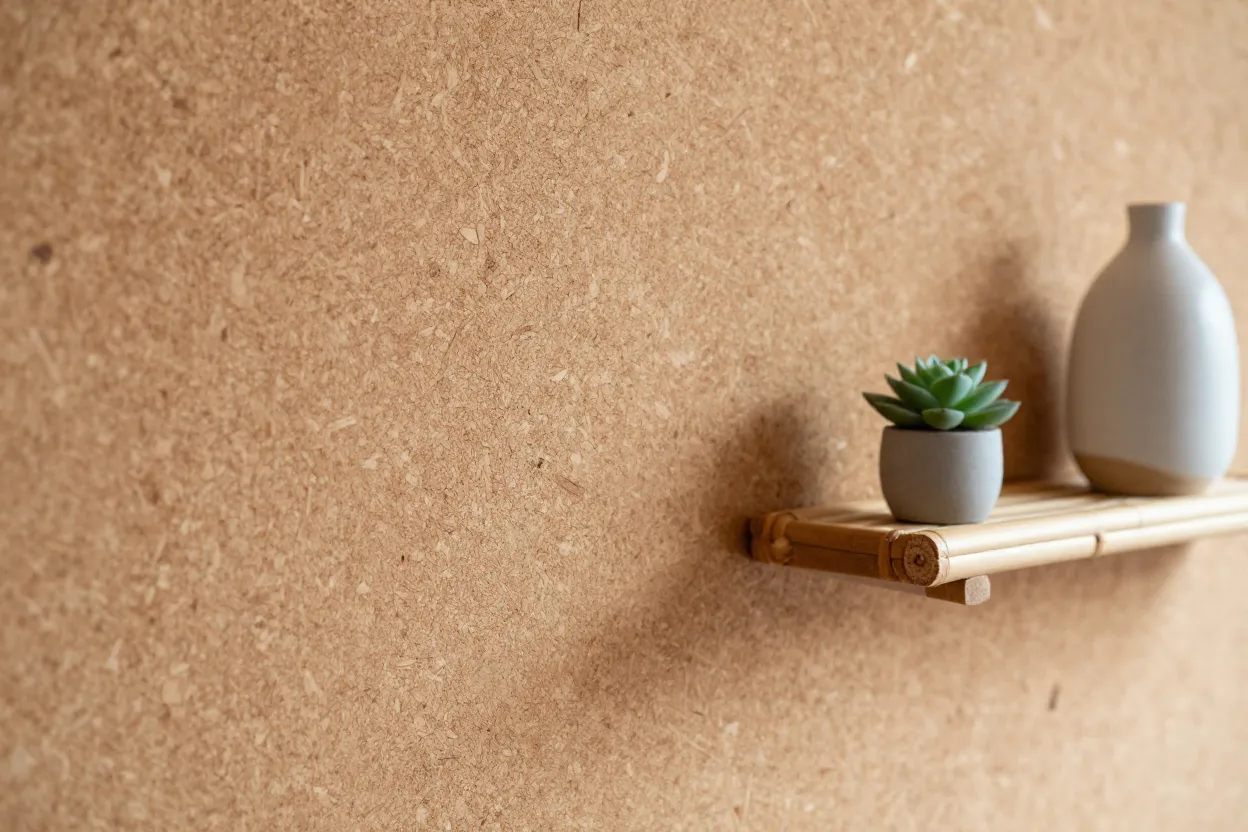 Detalhe de parede com revestimento de cortiça natural ao lado de prateleira de bambu