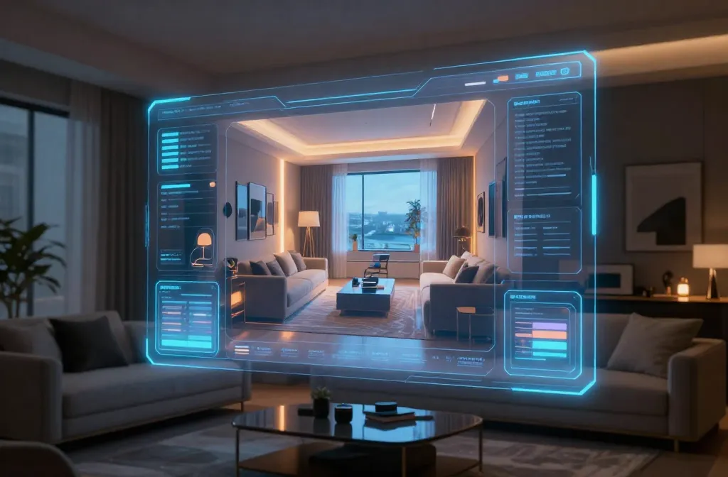 Interface futurista de software de decoração com IA mostrando render em tempo real