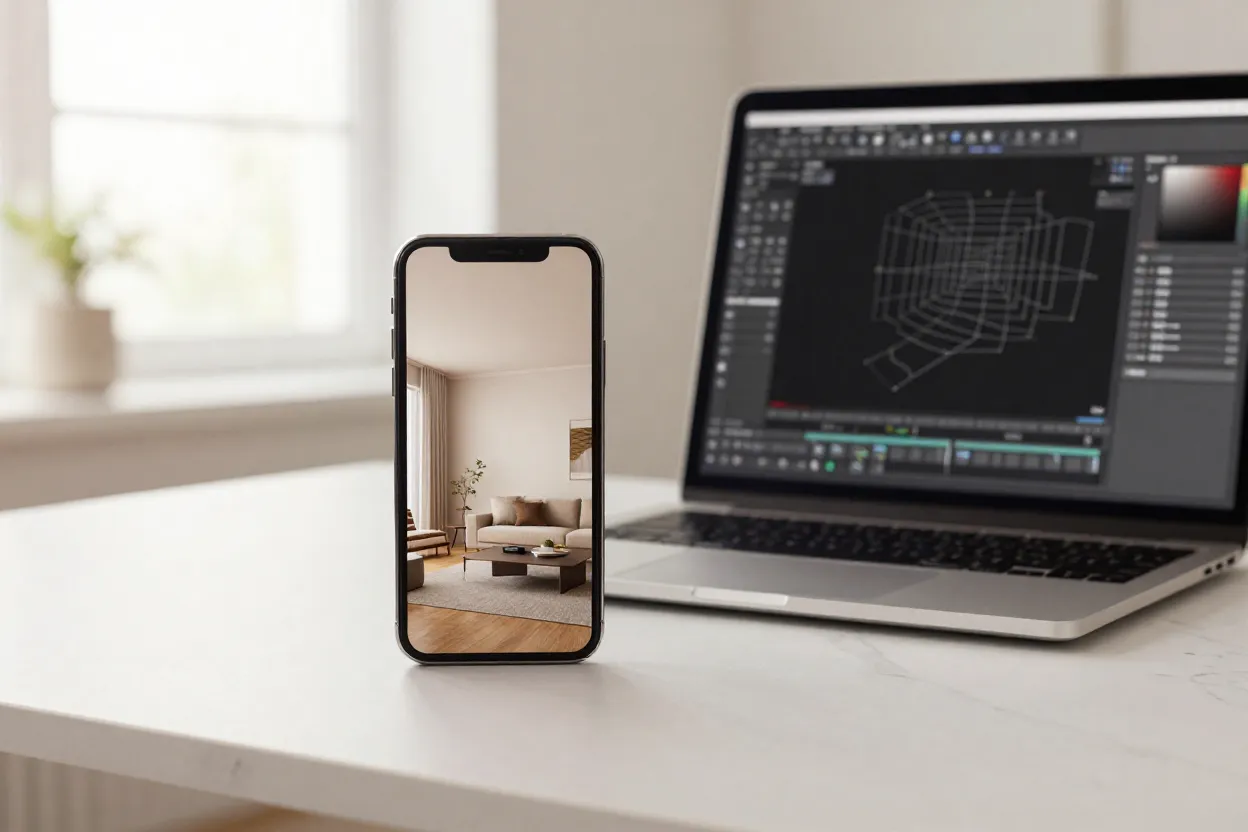 Smartphone mostrando render fotorrealista de sala ao lado de laptop com software 3D