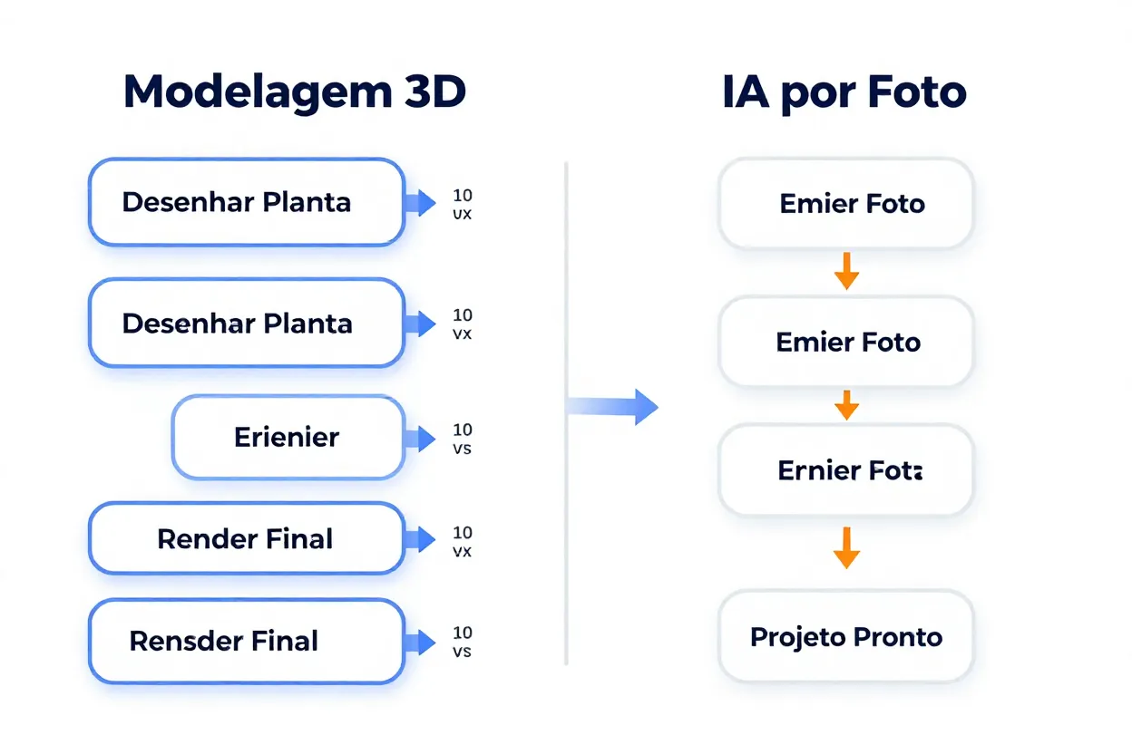 Fluxograma comparando processo de 5 etapas do Planner 5D versus 3 etapas do Interior AI