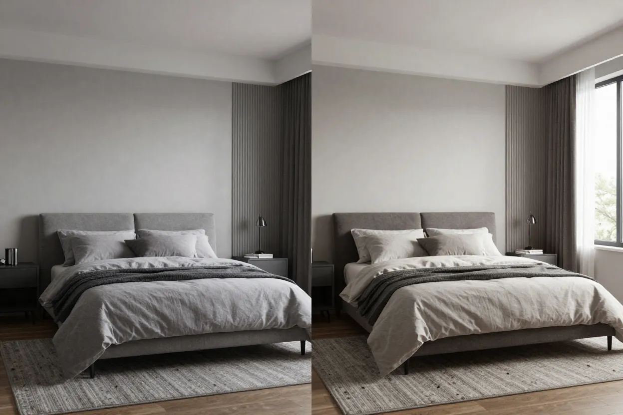 Comparativo lado a lado de render 3D tradicional versus render fotorrealista com IA