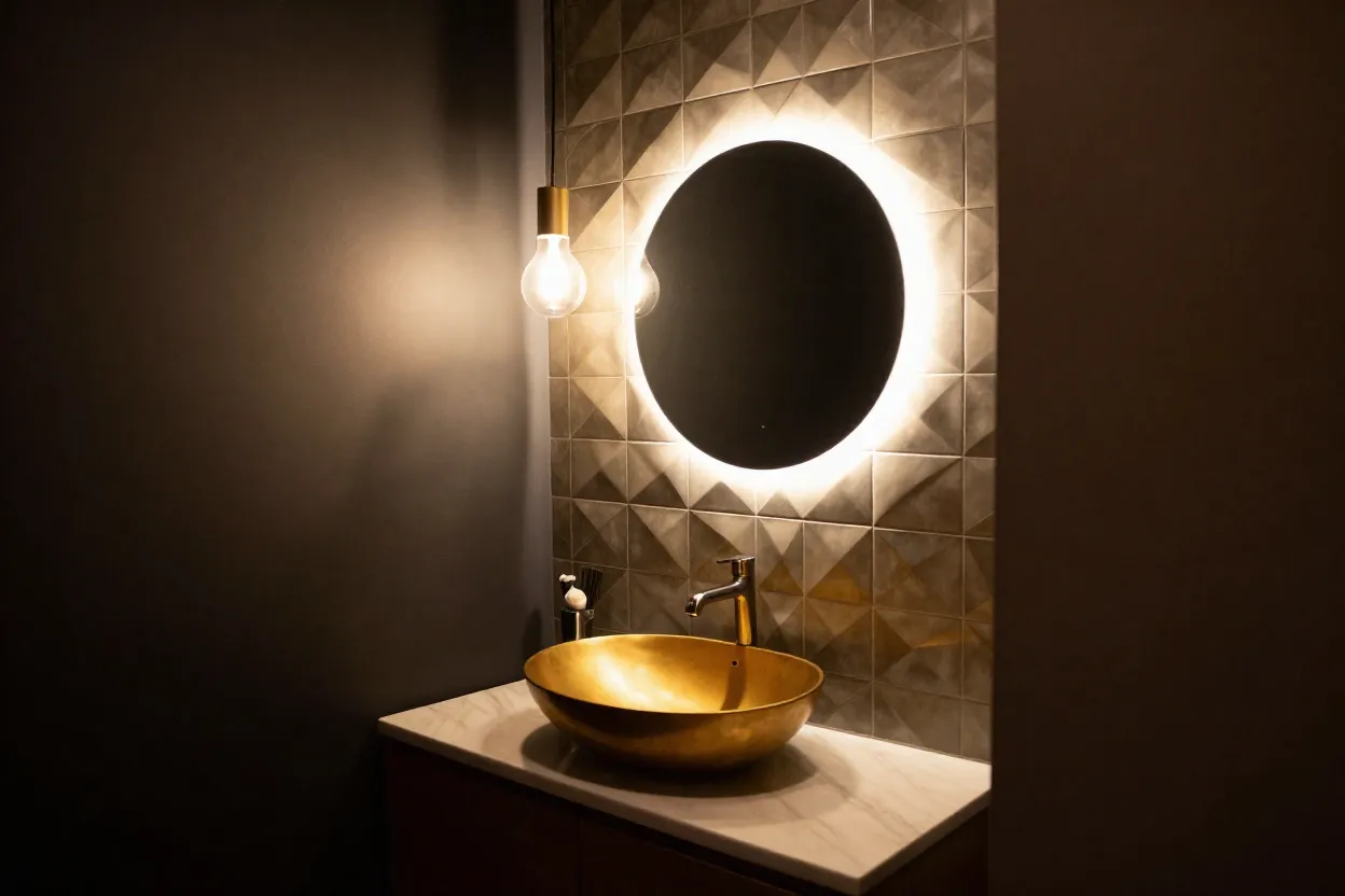 Lavabo sofisticado com cuba de apoio dourada, revestimento geométrico e iluminação cênica