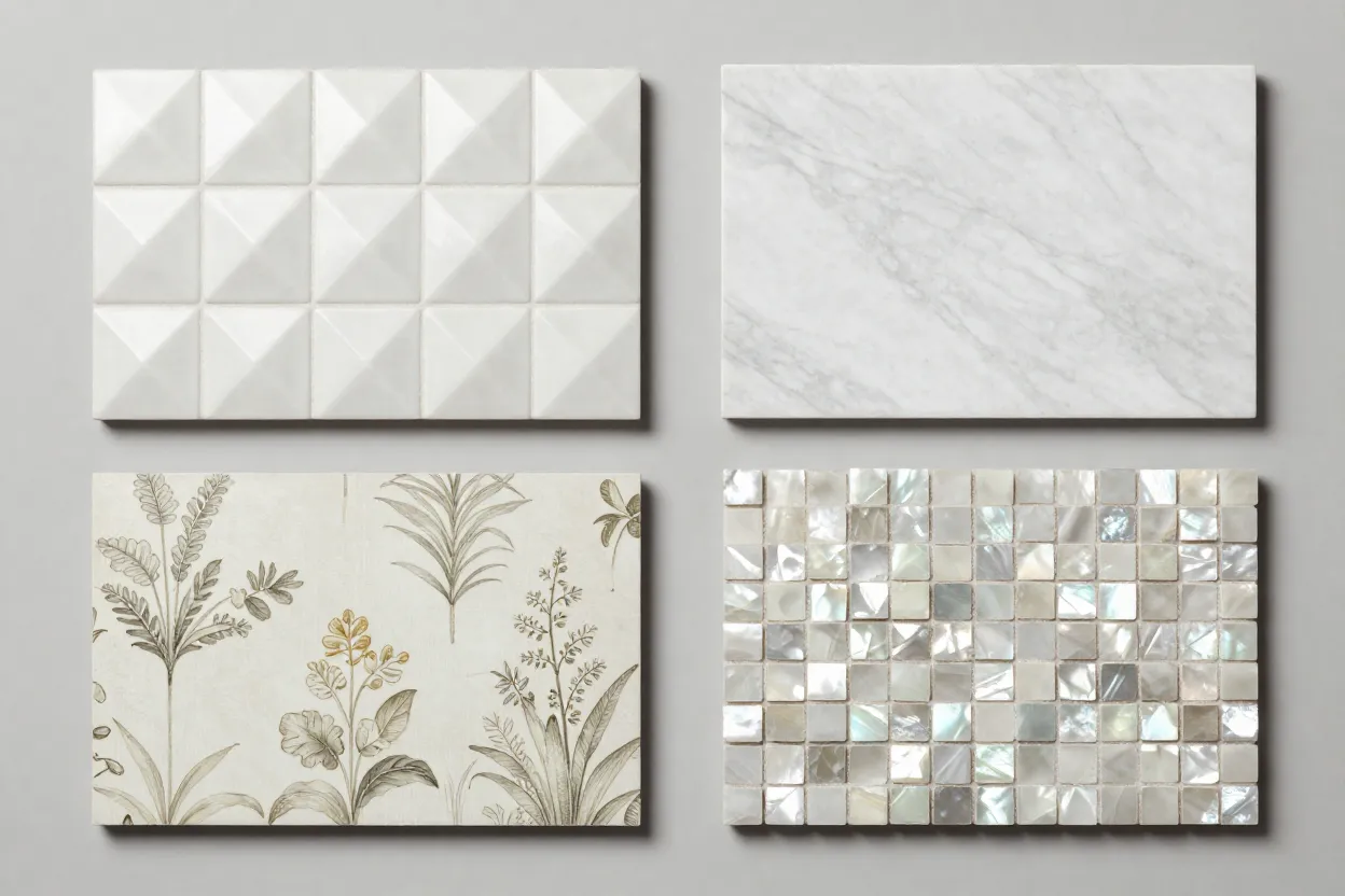 Grade de amostras de revestimentos para lavabo incluindo 3D, papel de parede e pedra natural