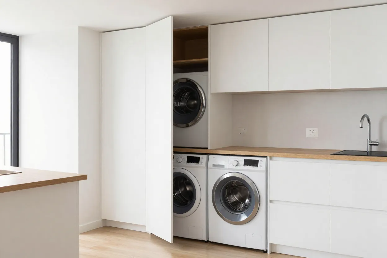 Cozinha moderna com lavanderia escondida em armário planejado