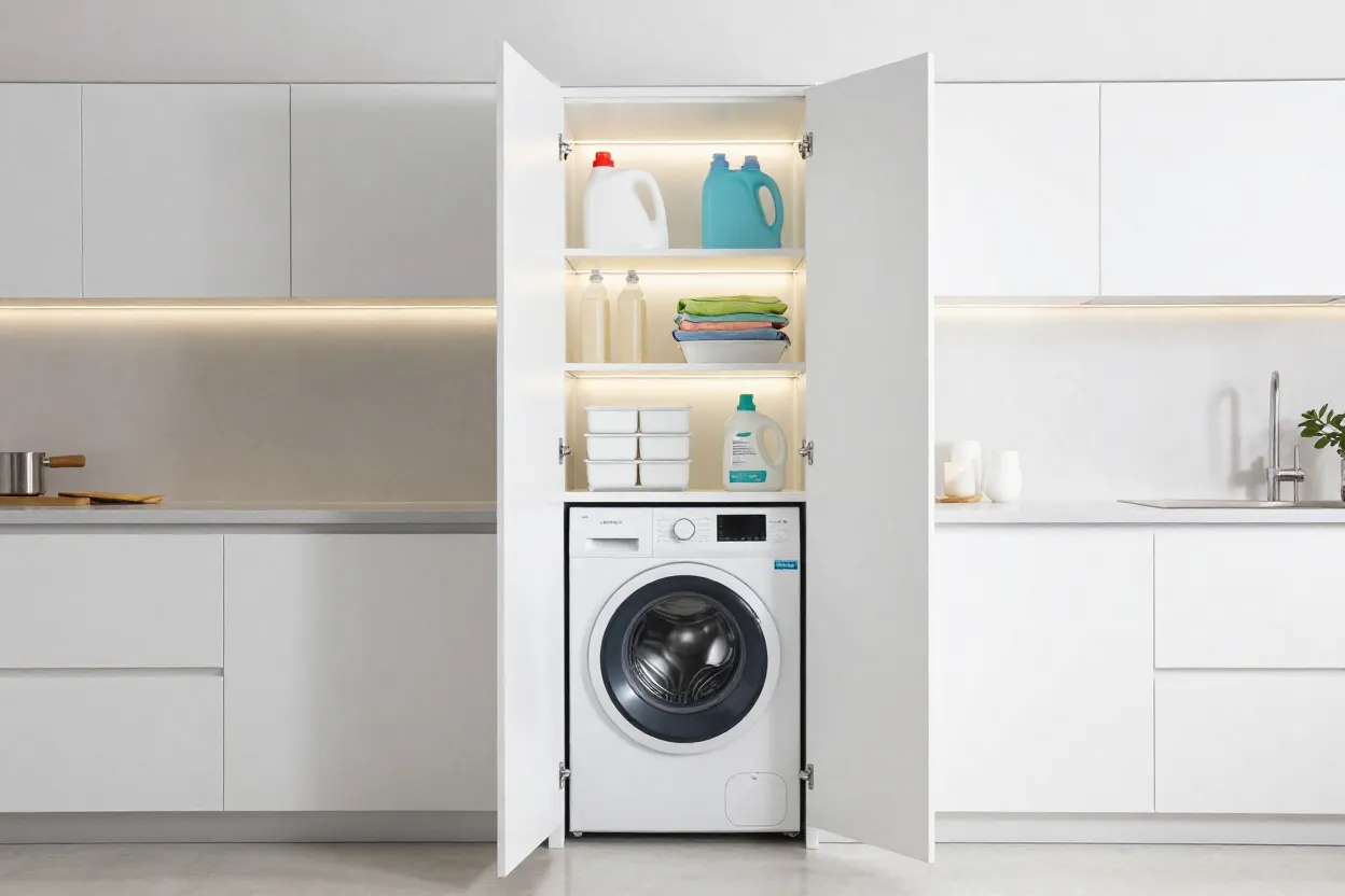 Armário de cozinha com portas abertas revelando máquina de lavar e prateleiras