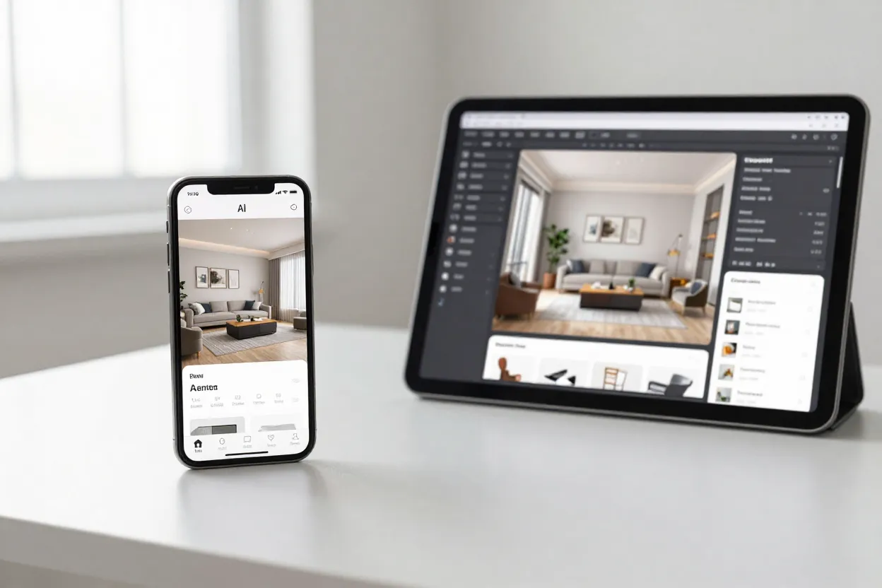 Smartphone e tablet mostrando diferentes apps de decoração com renders de interiores