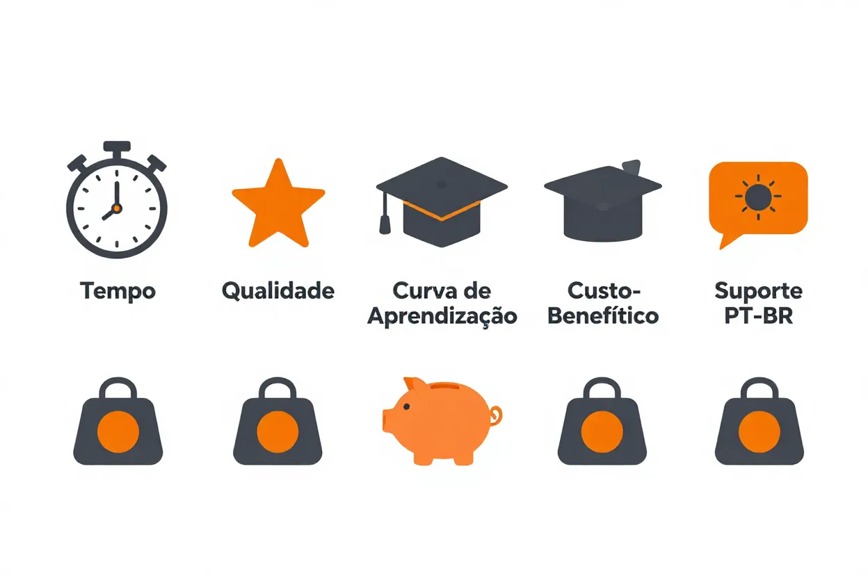 Infográfico mostrando os 5 critérios de avaliação com ícones representativos