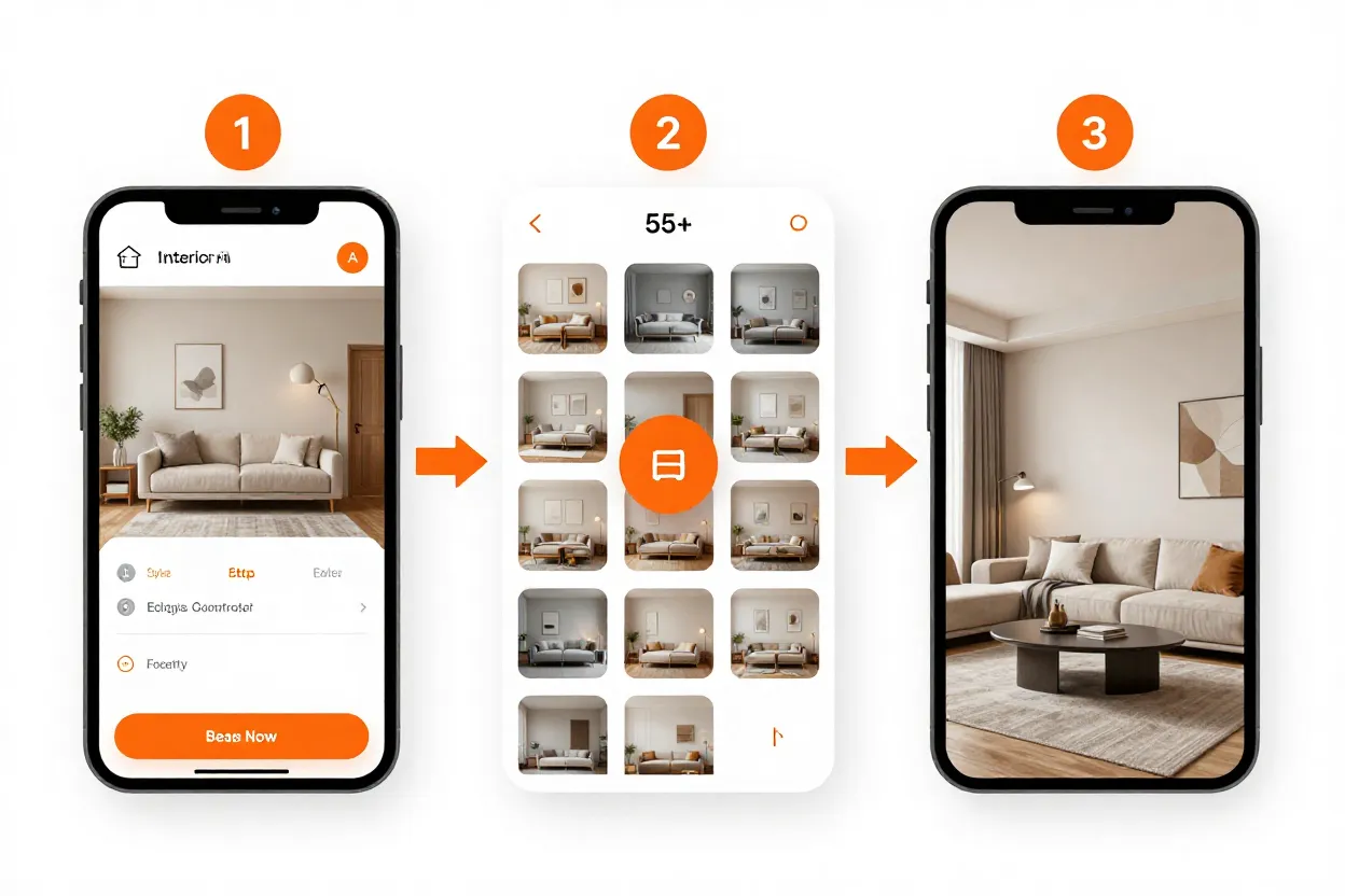 Interface do Interior AI mostrando processo de 3 passos com render final de alta qualidade