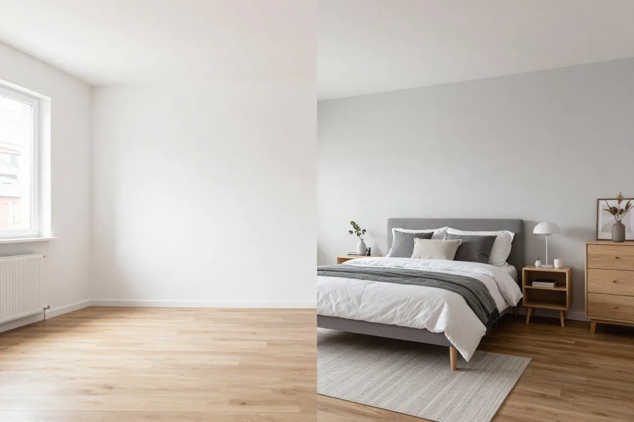 Quarto vazio à esquerda e mesmo quarto mobiliado virtualmente à direita