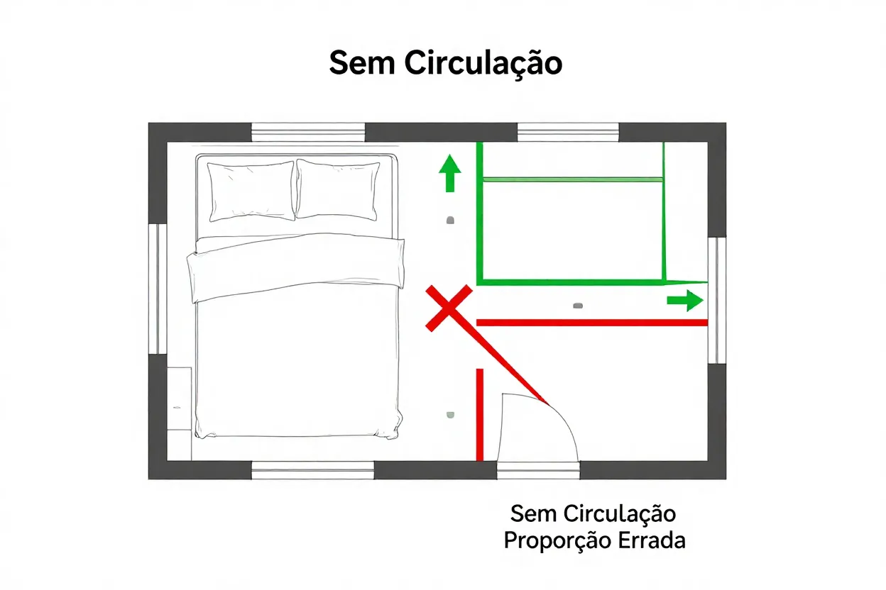 Diagrama mostrando problemas comuns de proporção ao mobiliar quarto sem planejamento