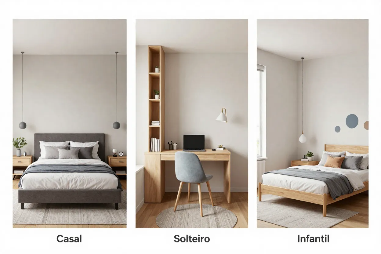 Três exemplos de quartos mobiliados virtualmente: casal, solteiro e infantil