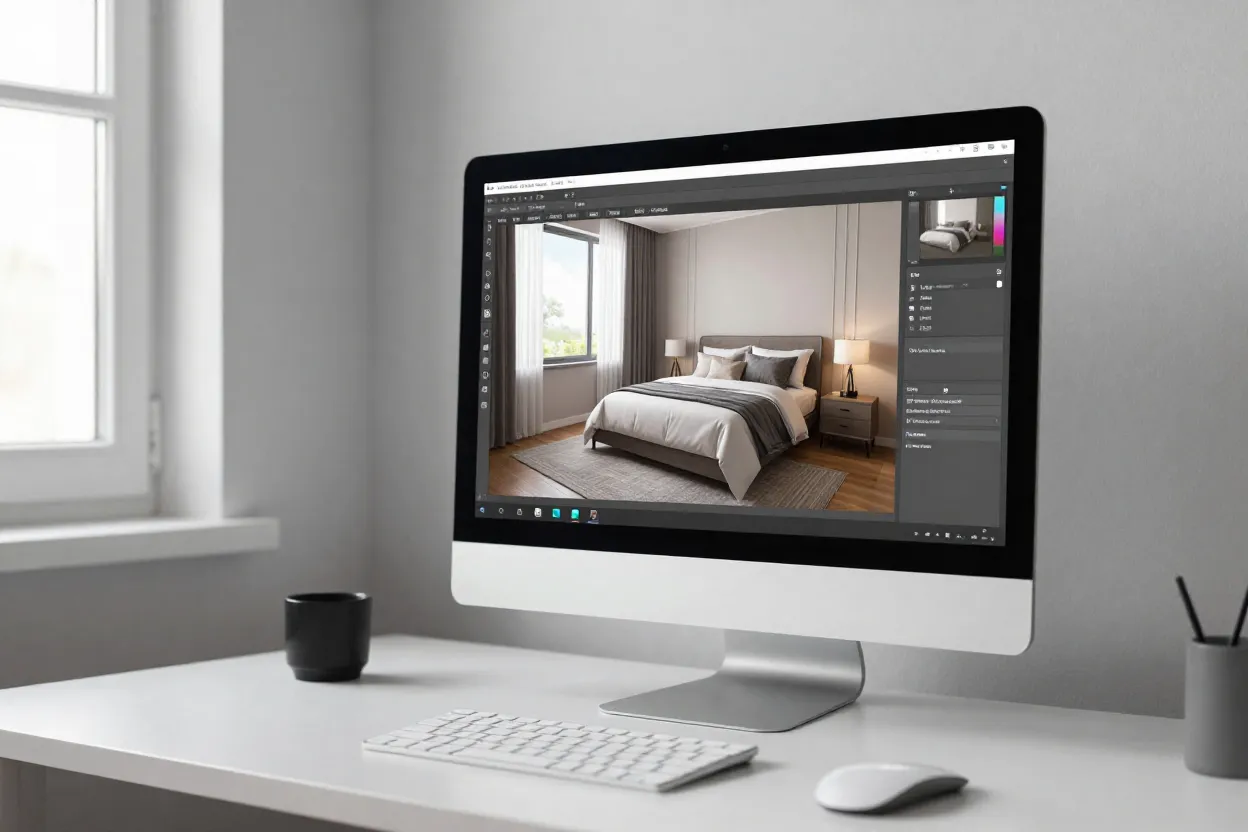 Tela de computador exibindo quarto renderizado em 3D com interface de ferramenta de design