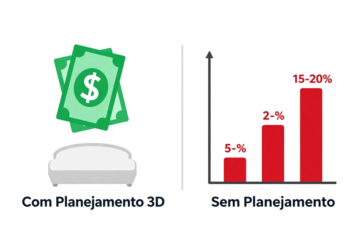 Infográfico mostrando economia ao planejar quarto em 3D versus comprar sem visualização