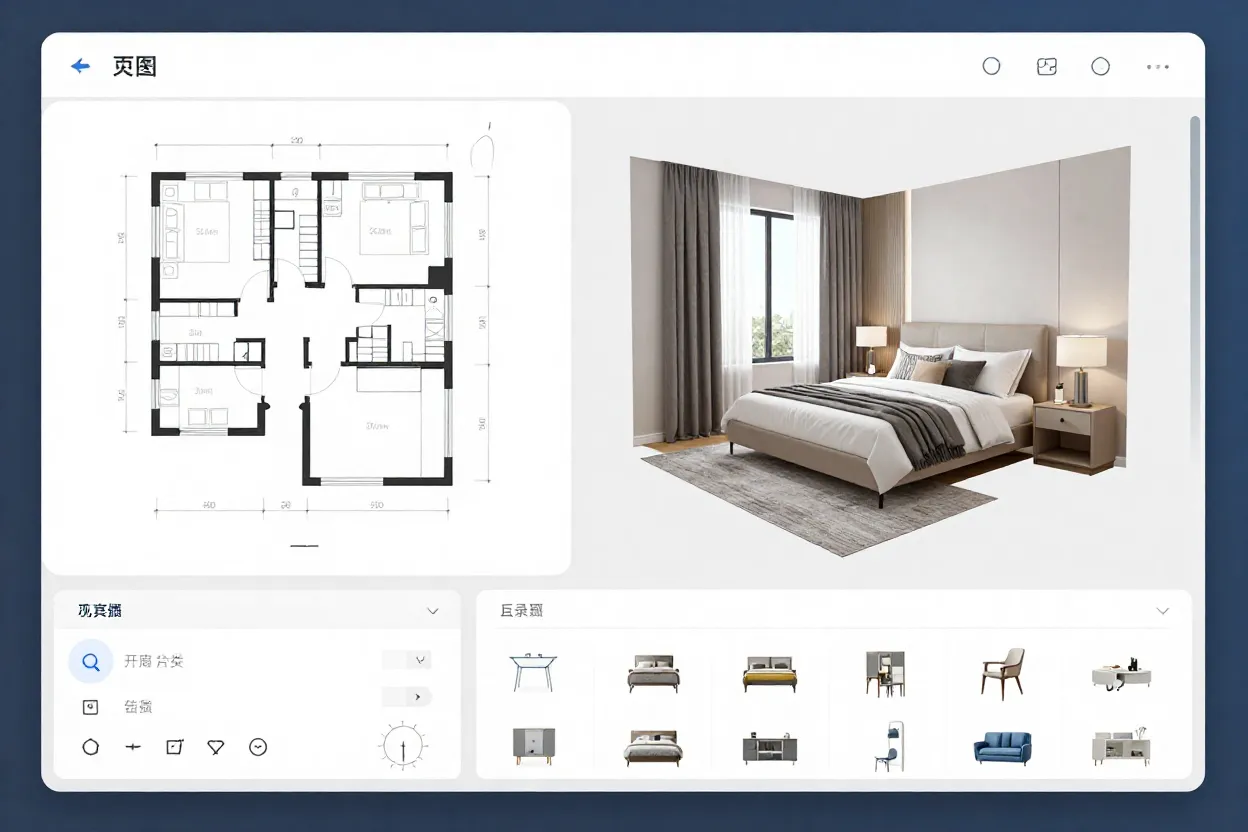 Interface do Planner 5D mostrando quarto em construção com biblioteca de móveis